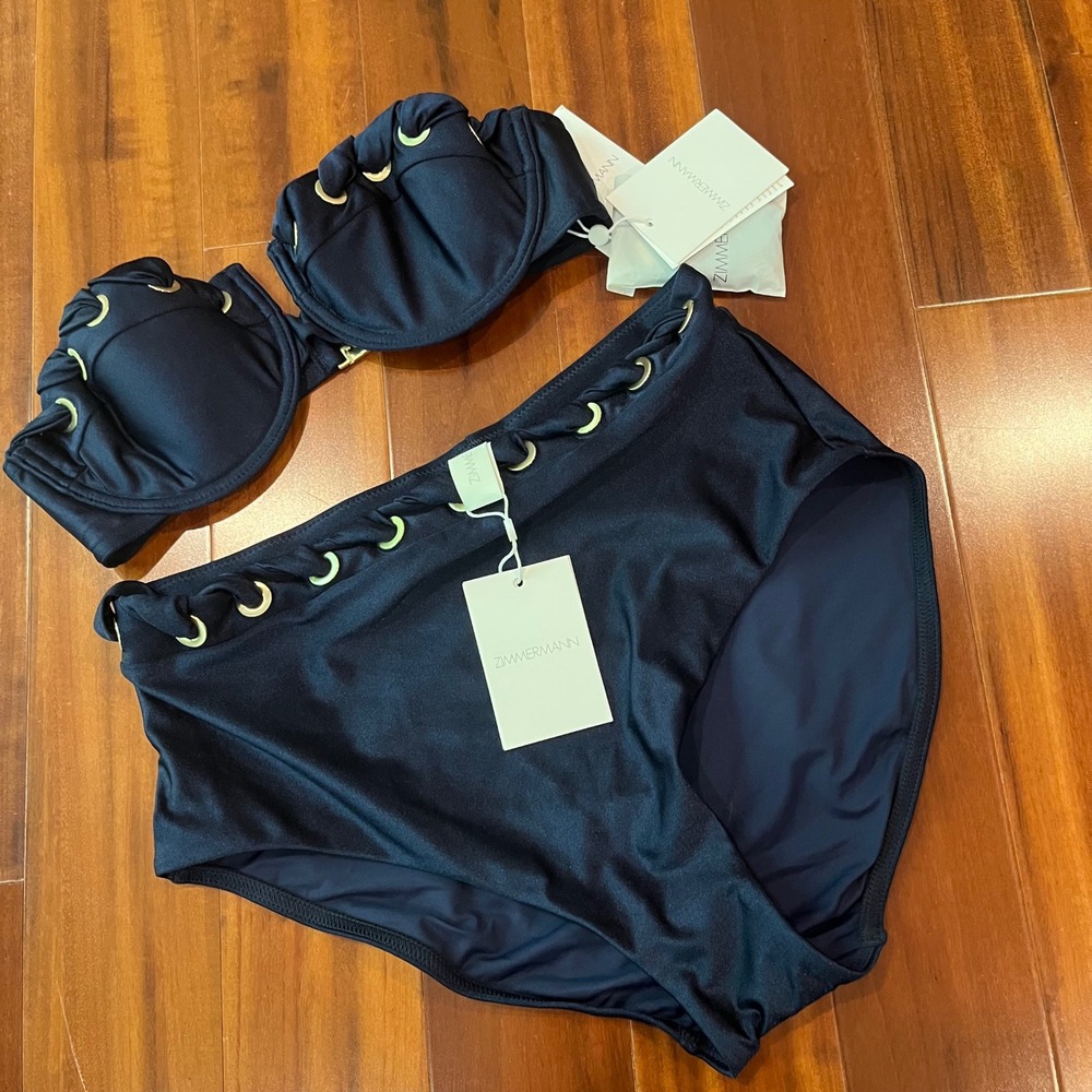 Zimmermann Blue Bikini Set Alight Eyelet Balconette High Waist Navy New US 6 8